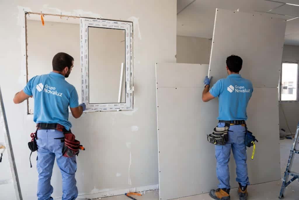 Trabajadores instalando paneles de yeso en obra en construcción, en interior de edificio.